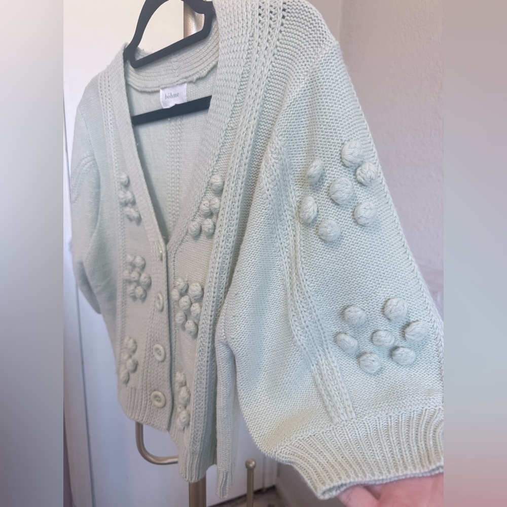 Like New Bohme Cropped Short Sleeve Cardigan Sweater in Light Green - Size Large - Picture 6 of 10